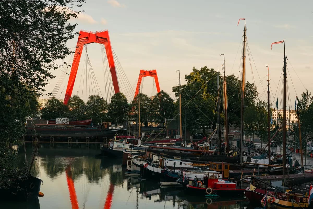 Vue des architectures modernes de Rotterdam au bord de la Meuse, entre gratte-ciels et pont Érasme