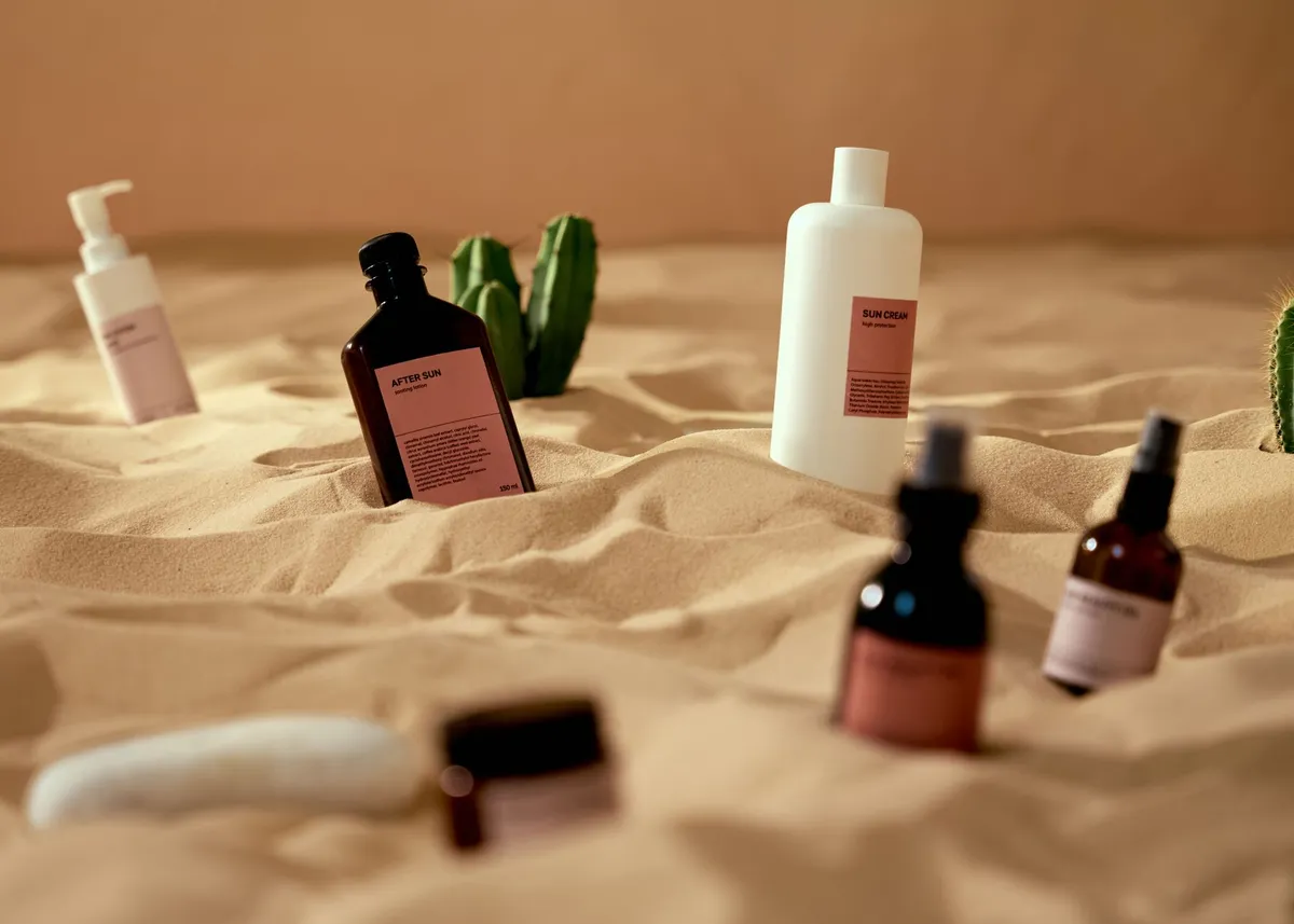 Rangée de flacons et pots de cosmétiques naturels aux teintes dorées et terreuses, avec des ingrédients africains comme le karité et le baobab posés autour, dans une boutique parisienne lumineuse