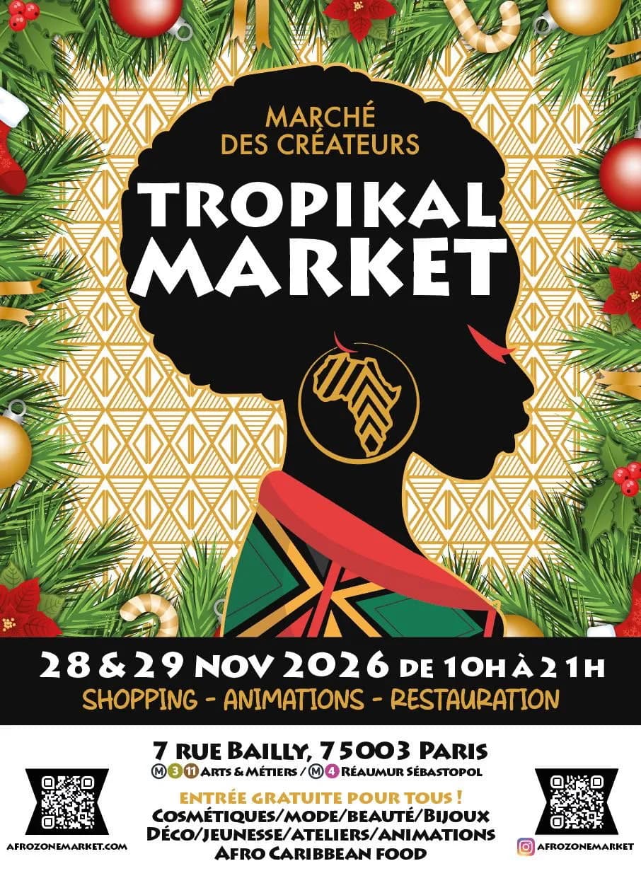 Affiche du marché Tropikal Market avec des créateurs afro-caribéens exposant mode, artisanat et cosmétiques dans une ambiance chaleureuse.